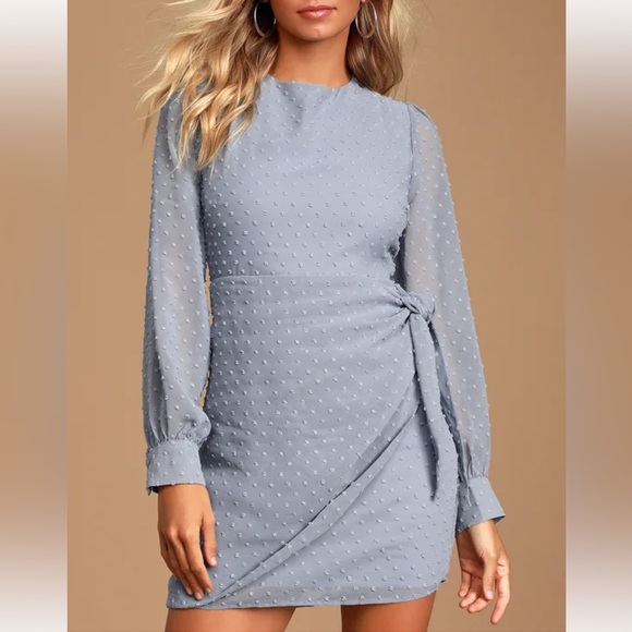 Lulus Much Love Light Blue Swiss Dot Long Sleeve Tie-Front Mini Dress Size M - Picture 1 of 9